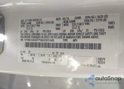 2016 Ford Escape Se from USA, damaged, VIN 1FMCU0G77GUC81345